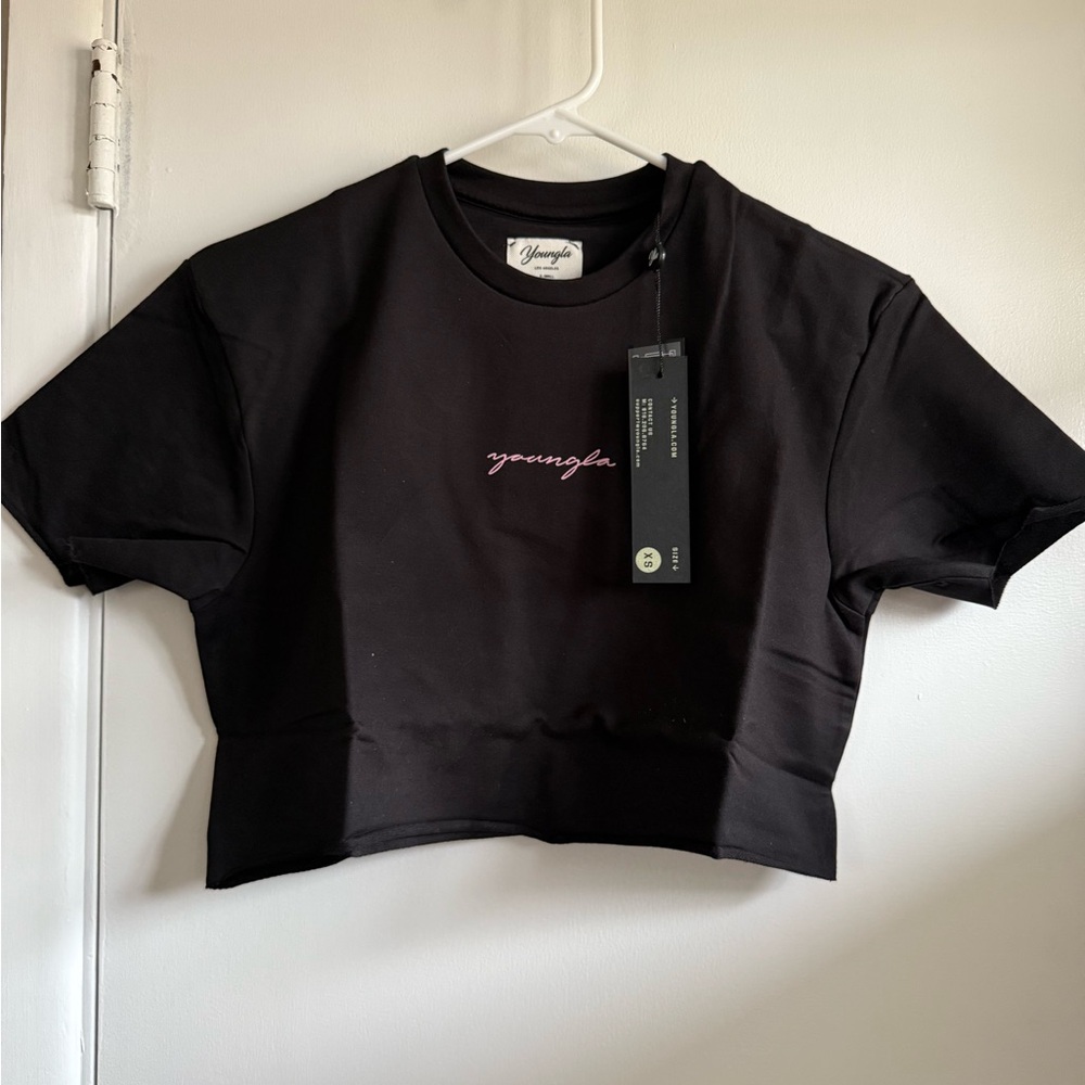 YoungLA For Her Black Women's Crop Top with Pink Logo, Size XS